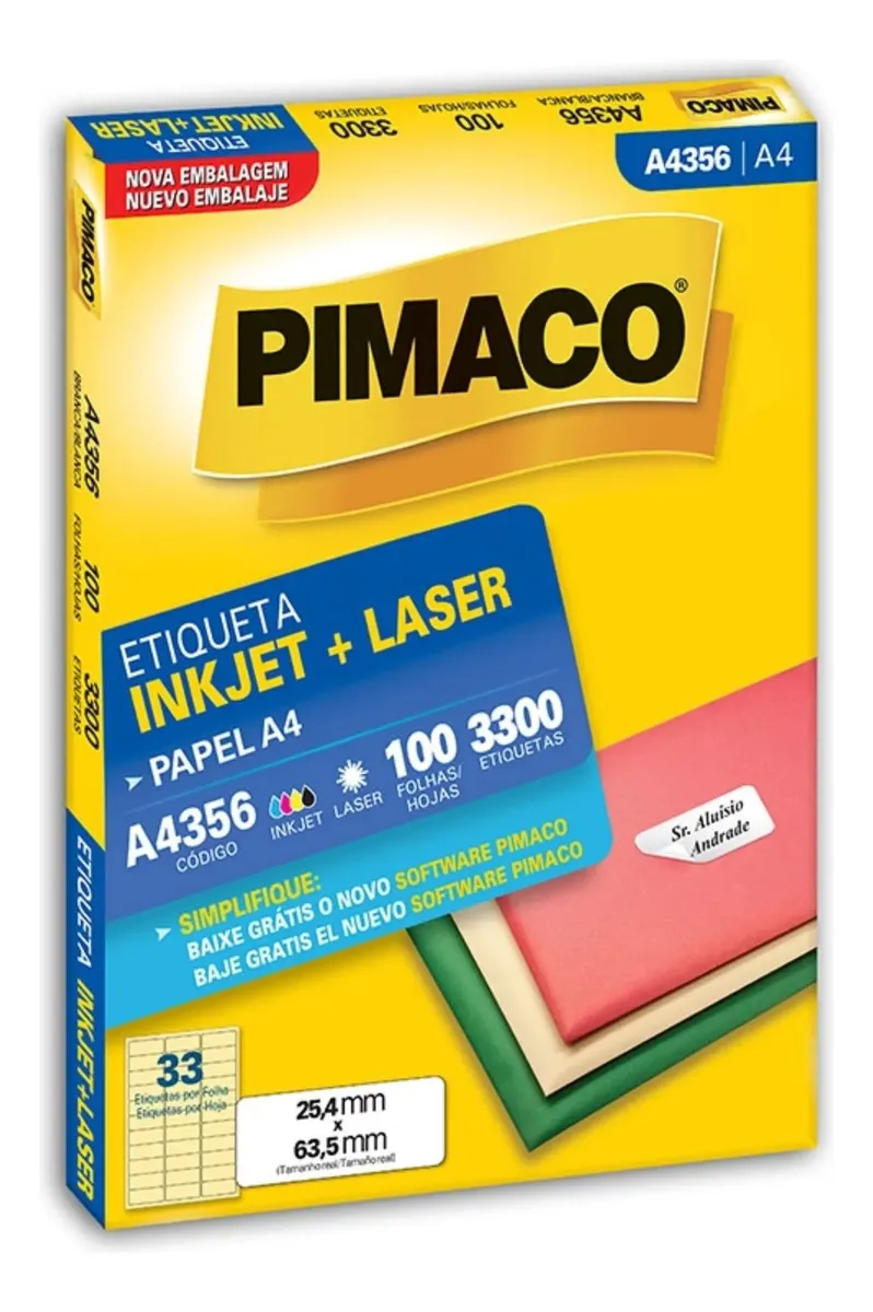 Etiqueta A4 33 por Folha com 100 Unidades 25,4x63,5mm Pimaco