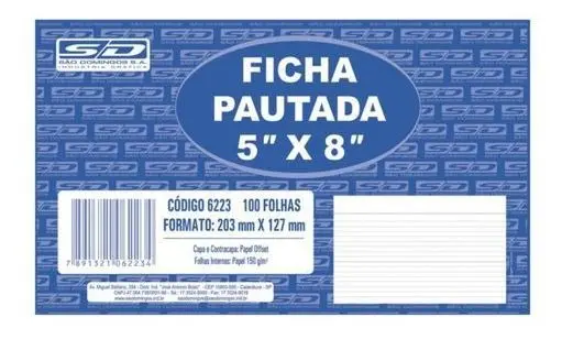 Ficha Pautada 5x8 com 100 Folhas Impressas Sd